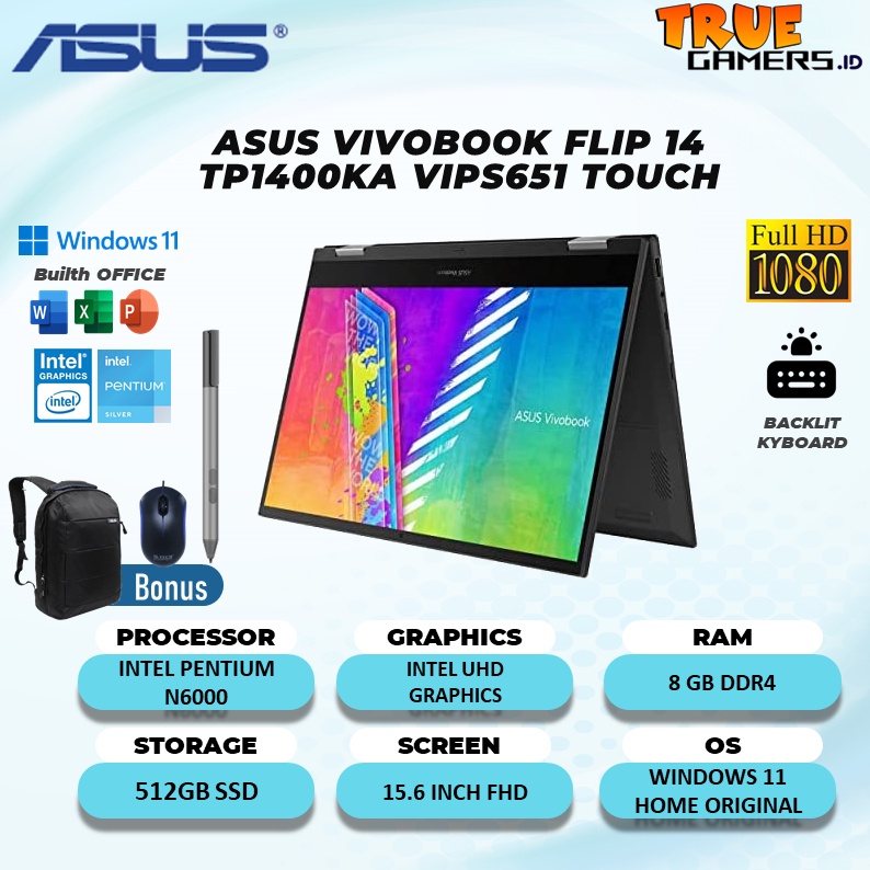 LAPTOP ASUS VIVOBOOK FLIP 14 TP1400KA VIPS651 TOUCH N6000 8GB 512SSD Win11 FREE PEN STYLUS