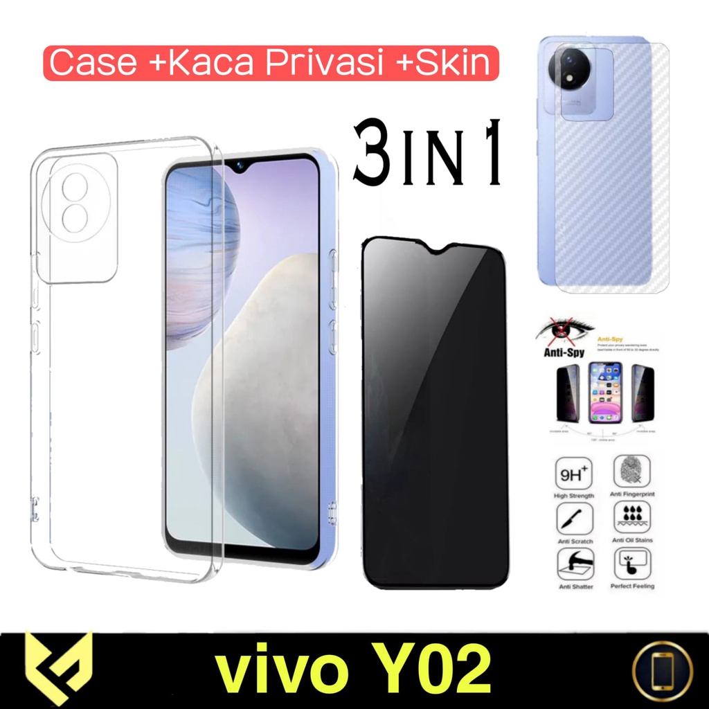 Promo PAKET 3IN1 Case For VIVO Y02 / VIVO Y02T SoftCase Clear HD Free Anti Gores Layar &amp; Skin Carbon Anti Gores Jamur Handphone