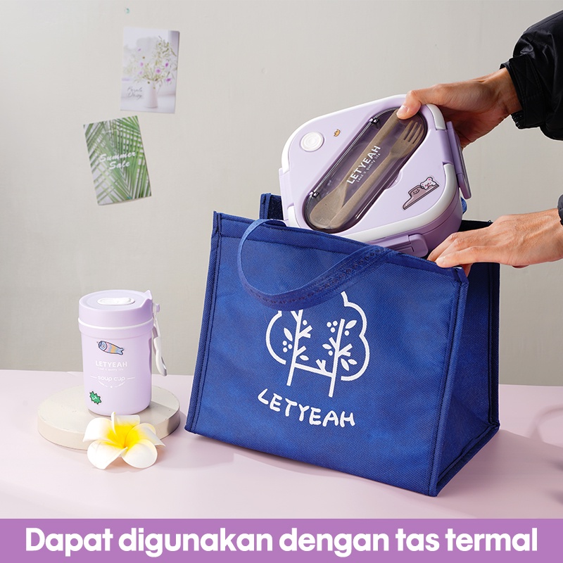 Letyeah &amp; Kaizenliving Tempat Makan Set Tas 3 Grid 1300ml Lunch Box Set Anti Tumpah Kotak Makan Plastik Kotak Bekal