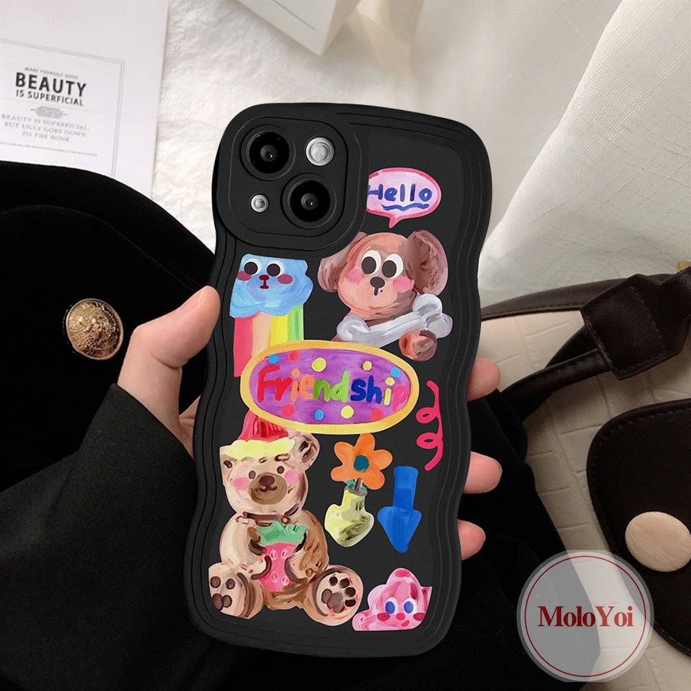 IPHONE Pasangan Kartun Graffiti Case Kompatibel Untuk Iphone11 14 6 6s 8 7 Plus 13 12 Pro Max 14 Plus XR X XS Max SE 2020 Anjing Lucu Populer Gadis Lucu Stiker Tepi Bergelombang Lembut Casing Ponsel TPU