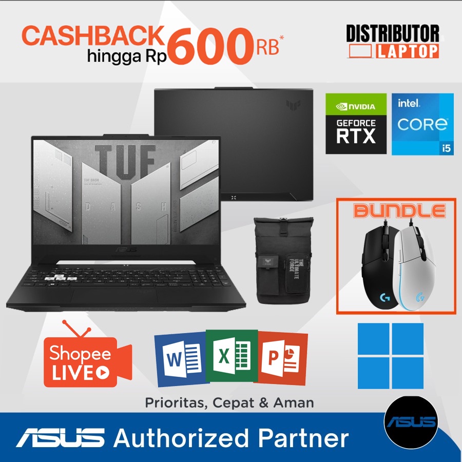 LAPTOP GAMING ASUS TUF DASH F15 FX517ZC / CORE i5 12450H RTX 3050 / RAM 8GB SSD 512GB / 15 INCH IPS 144Hz / WINDOWS OHS - CICILAN 0%