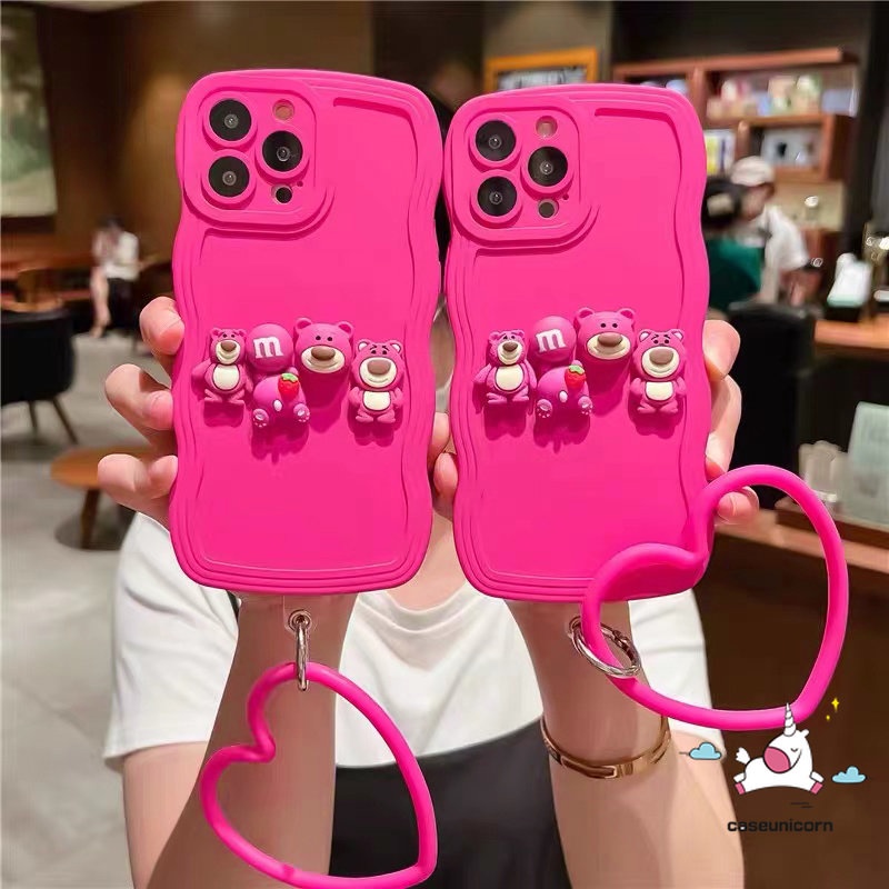 Kartun 3D Lucu Losto Decor Case Kompatibel Untuk iPhone 11 Pro MAX 7plus 8plus 14 7 8 Plus XR 14 12 13 Pro MAX X XS MAX Shockproof Simple Wave Edge Soft TPU Back Case Dengan Gelang