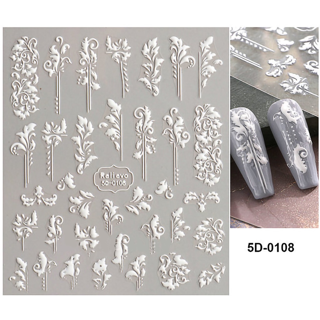 【 COD 】Nail Sticker Bunga Design 5D Engraved Nail Art Decoration Manicure White