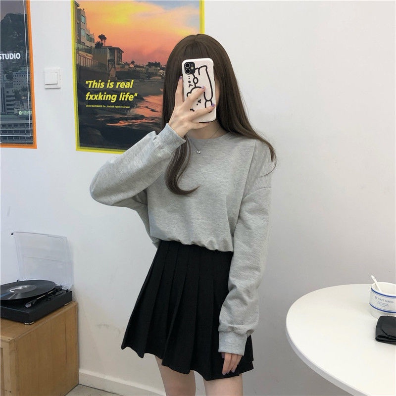 □❈✑Musim Gugur Versi Korea 2020 Baru Longgar Lengan Panjang Atasan Wanita Bagian Tipis Sweater Pendek Bagian Hati-hati Mesin Hollow backless Tali