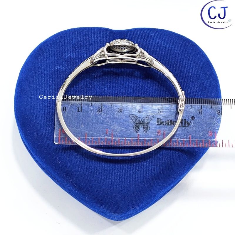 Gelang Bangle Wanita Perak Asli Silver 925 Lapis Emas Putih Model Oval Variasi Bulat Permata Hitam Keliling - Perhiasan Perak Asli