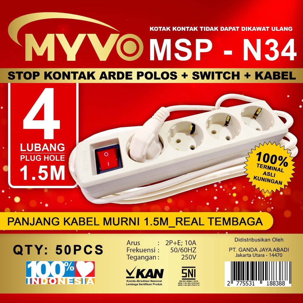 Stop Kontak Kabel Myvo 1,5Meter 4Lubang N34 1,5M
