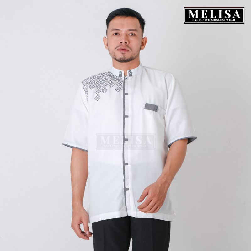 Baju Koko Pria Dewasa Lengan Pendek Bahan Poli Katun Warna Putih Tulang Motip Bordir