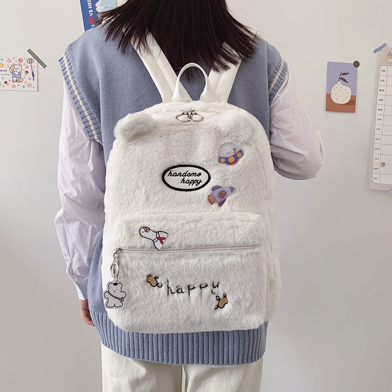 AS Tas Ransel Bulu - Ransel Bulu Wanita Bahan Import Korea Tas Wanita Lucu HAPPY FUN BISA COD