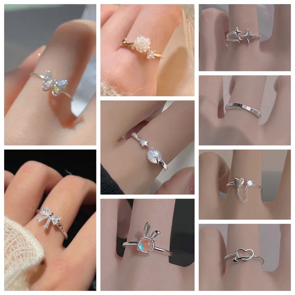 S925 Perak Moonstone Cinta Rumbai Cincin Kepribadian Korea Berbentuk Hati Terbuka Adjustable Ring