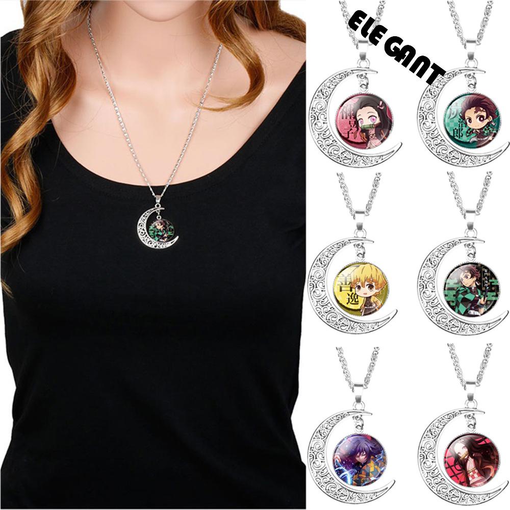 Kalung Rantai Choker Liontin Bulan Sabit Anime Demon Slayer Bahan Kaca Untuk Unisex