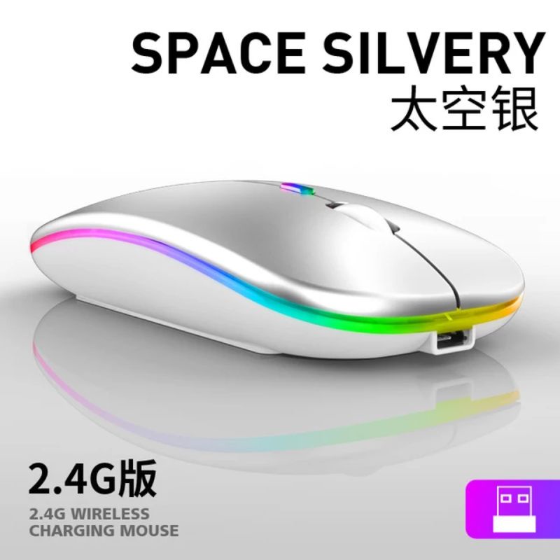 Bisa dicas ulang Mouse Wireless RGB mos waerles mouse Lampu pelangi Lights Charge 2.4G Optical USB Mouse Gaming 1600DPI - RGB Light Black