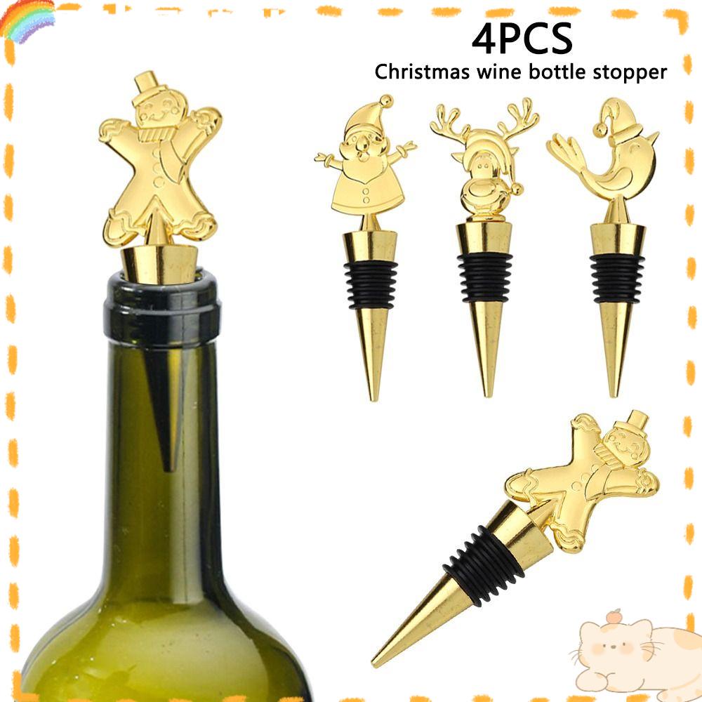 Solighter 4PCS Stopper Anggur Natal Xmas Hadiah Gingerbread Man Santa Claus Wine Sealer