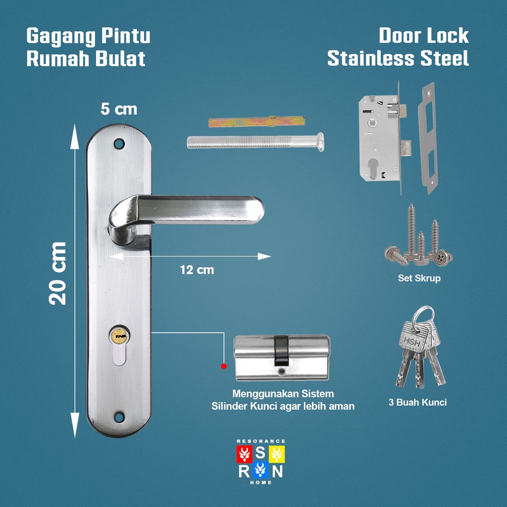 Kunci Pintu Rumah Gagang Kotak Silinder Full Set 20cm Resonance Home