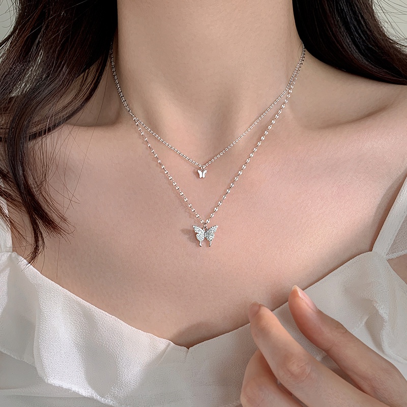 Papaozhu Korea Glittery Kristal Ganda Kupu-Kupu Liontin Kalung Untuk Wanita Perempuan Elegan Double Layered Silver Tulang Selangka Rantai Kalung Perhiasan Hadiah