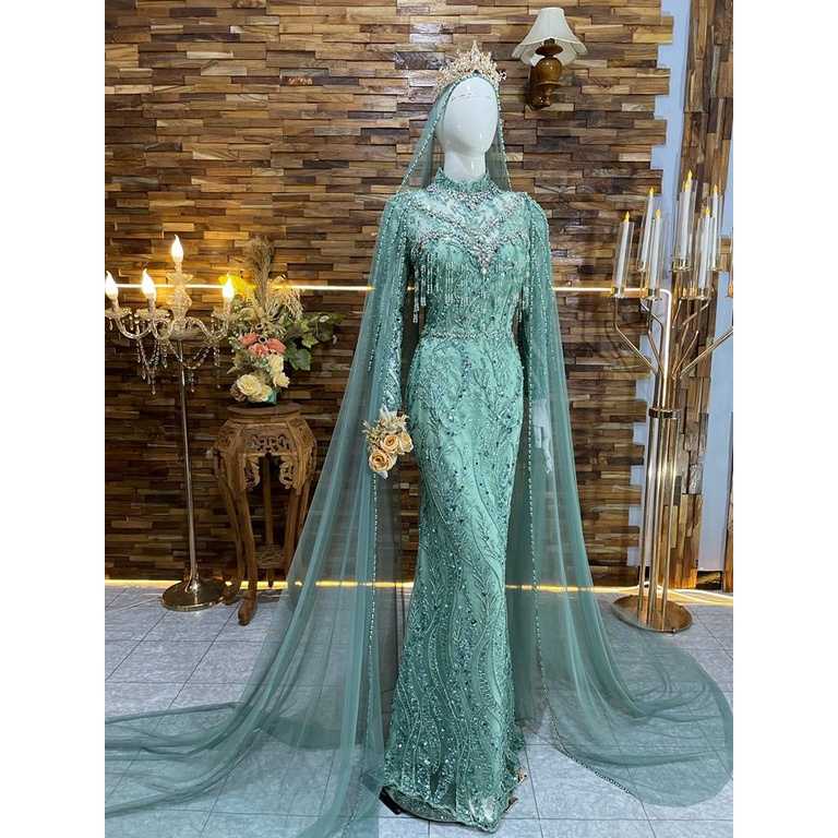 GAUN PENGANTIN SLIM HIJAU WARDAH RONCE