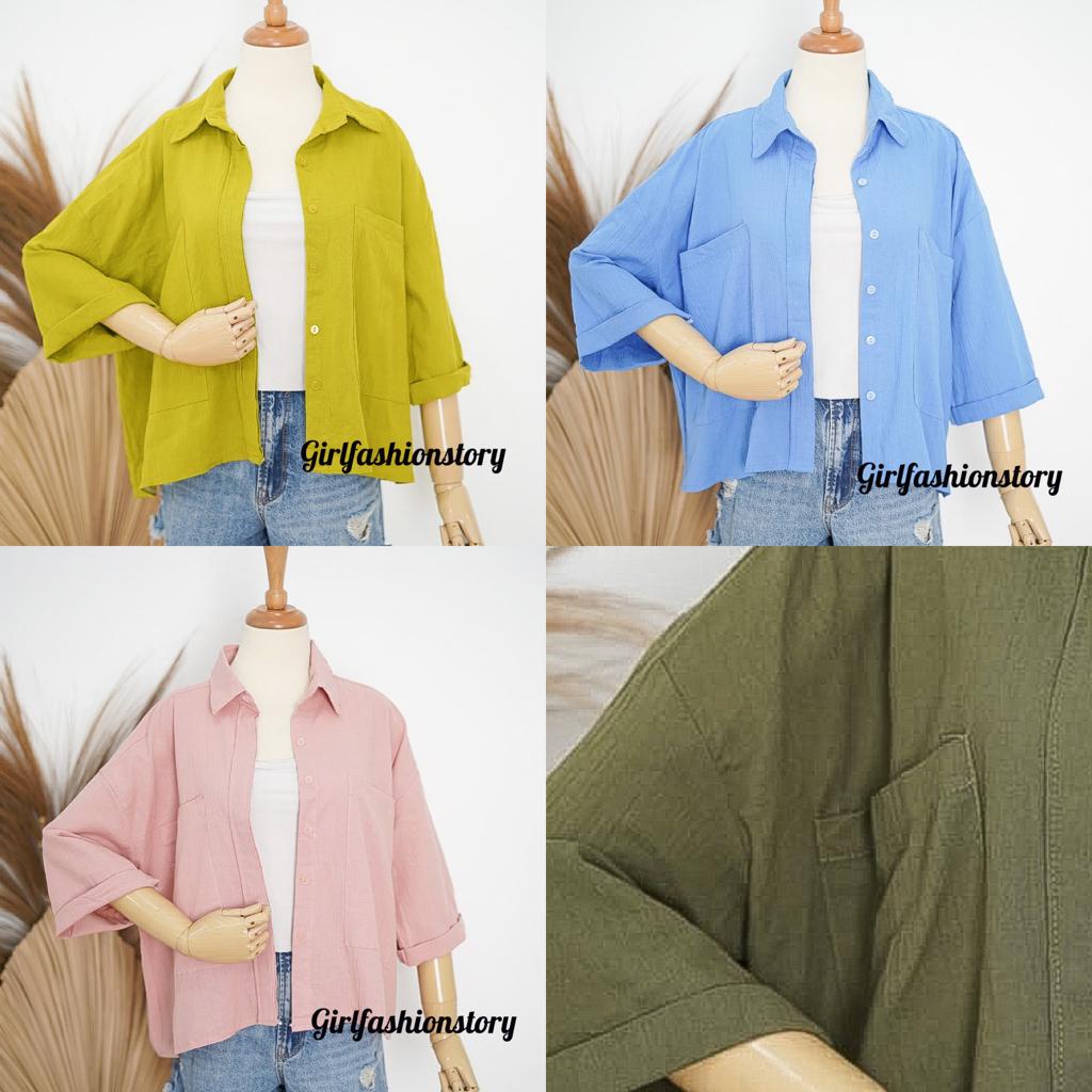 BEFAST - ZFS OOTD KEMEJA WANITA OLIVIA / MOSHIE LINEN CRINCLE OVERSIZE SHIRT / Fashion Kekinian Wanita Kerja / Hem Jumbo Lengan 3/4 / OOTD ALA Style Korean / Hem Oversize Terbaru / Pakaian Casual Wanita Remaja / Kemeja Polos Formal