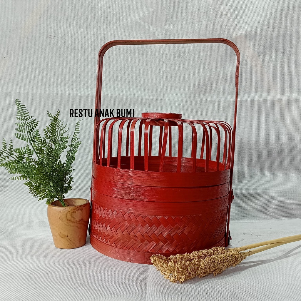 (A039) Rantang Bambu Bulat Tudung Diameter 23cm rantang bambu | keranjang bambu | wadah kue | tempat