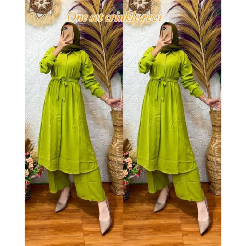 Baju Oneset Setcel Setelan Celana Long Tunik Katun Crincle Premium Full Kancing Motif Polos Model Te
