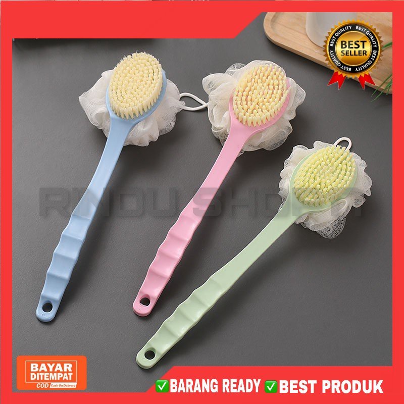 (RS)Sikat Punggung + Shower Puff 2in1 / Alat Bantu Pembersih Penggosok Badan 2 Sisi / Body Brush + Spons Double Side Long Handle / Tongkat Mandi Gagang Panjang Serbaguna Sponge Spon Busa Sabun