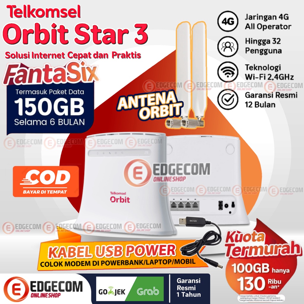 Telkomsel Orbit Star 3 Modem Wifi 4G Highspeed Free 150GB data + Kabel Powerbank