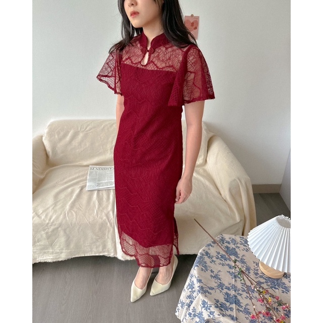 KANON - Fang Qipao Dress - Dress brukat qipao imlek midi length