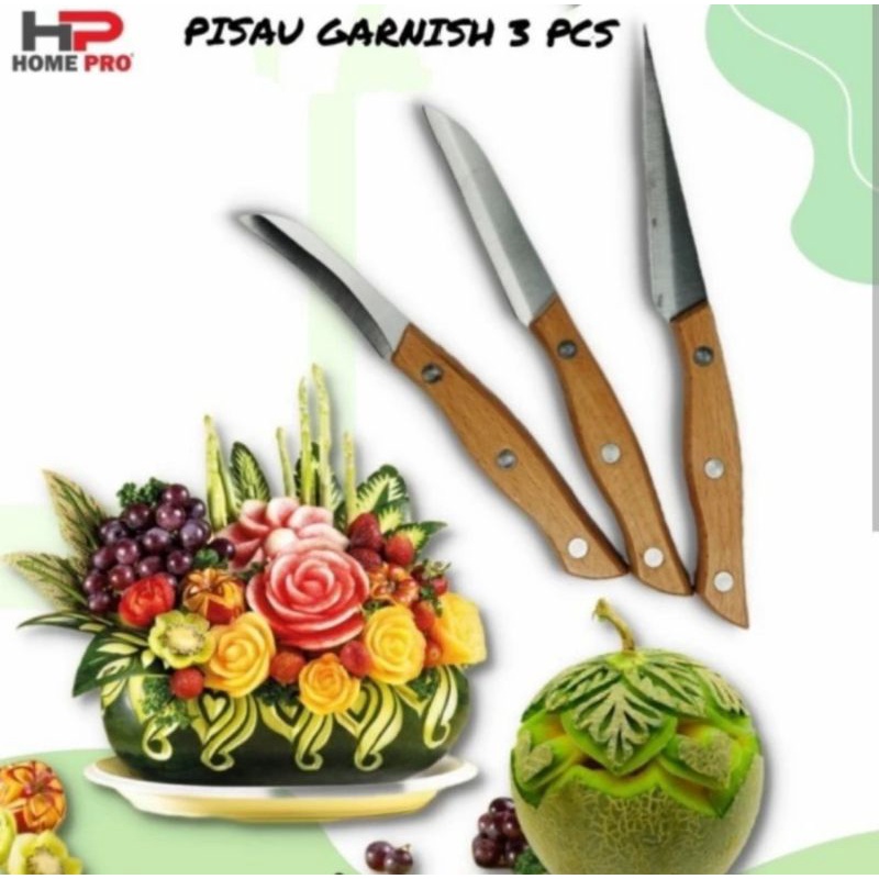 3pcs pisau garnish / pisau piso ukir buah / pisau ikan / pisau carping tajam isi 3pcs gagang kayu