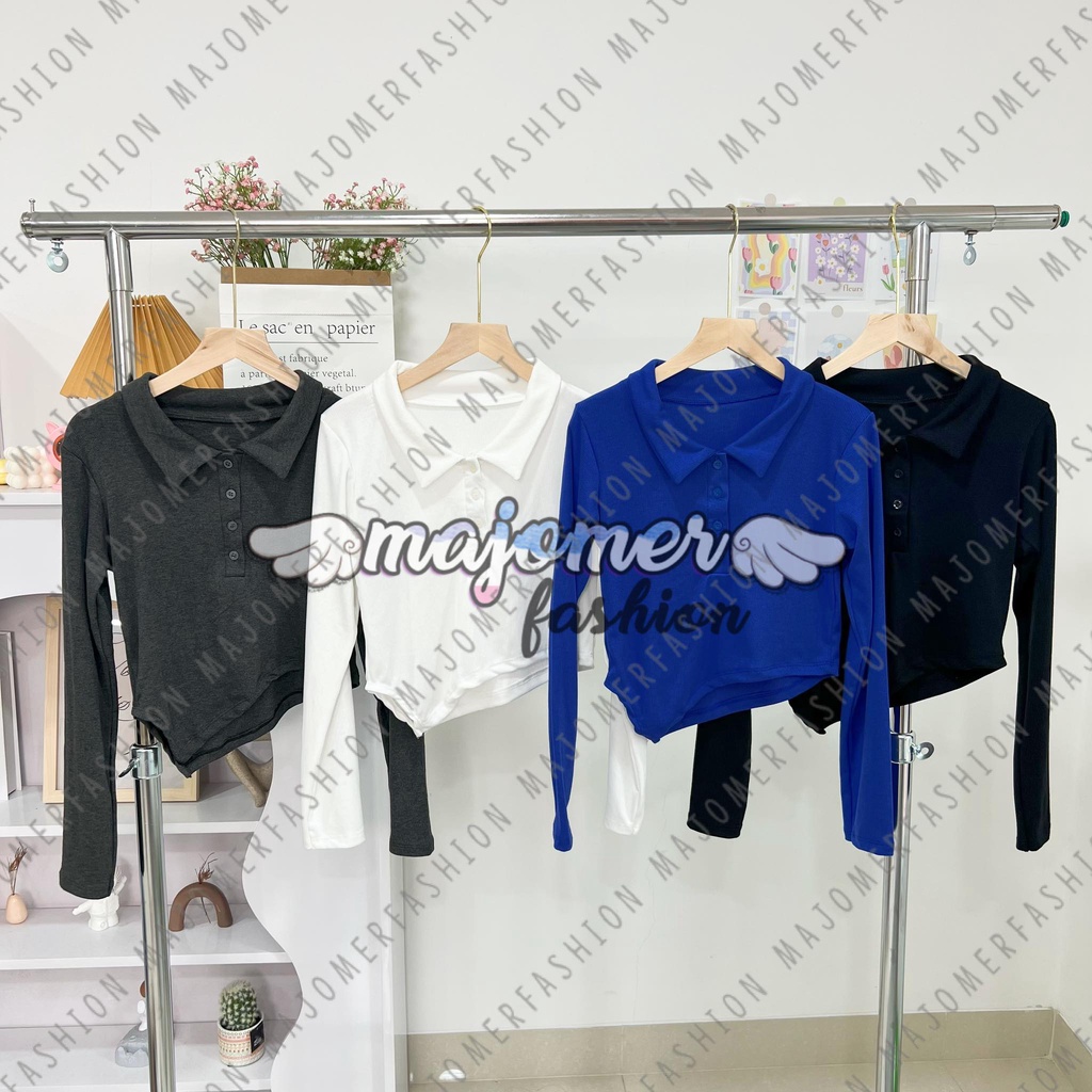 MAJOMER | POLLAR CROP TOP - KAOS POLO WANITA - ATASAN WANITA RIB LENGAN PANJANG