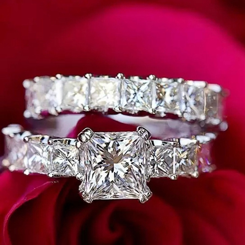 Trendy Mewah Princess Cut Cubic Zirconia Promise Rings Untuk Wanita Kristal Pertunangan Pernikahan Rings