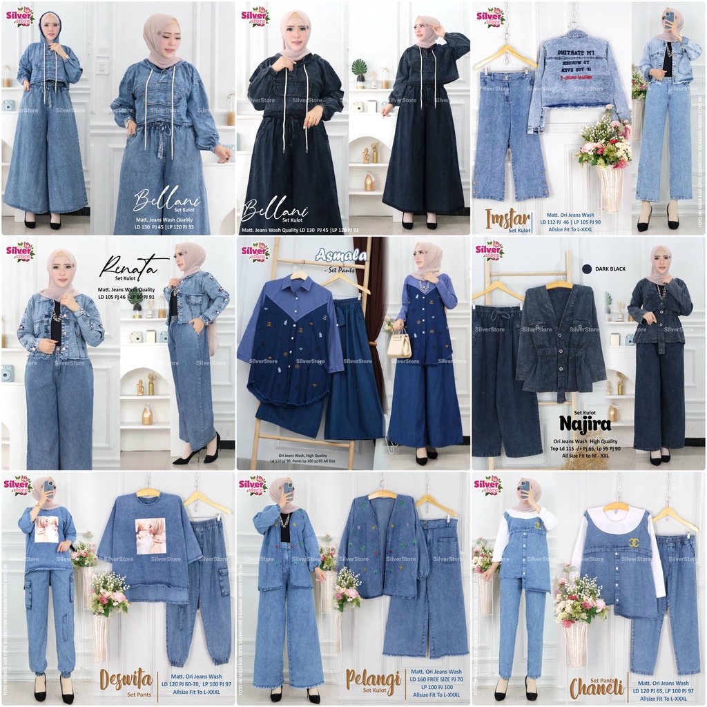 SETELAN JEANS / 11.7 / SHELL WISTERIA TULIPI EFFELIN PLISSET ASHIMA CHANELIA KIRANI ASMALA NAJIRA PELANGI / ONESET ALLSIZE / SILVER