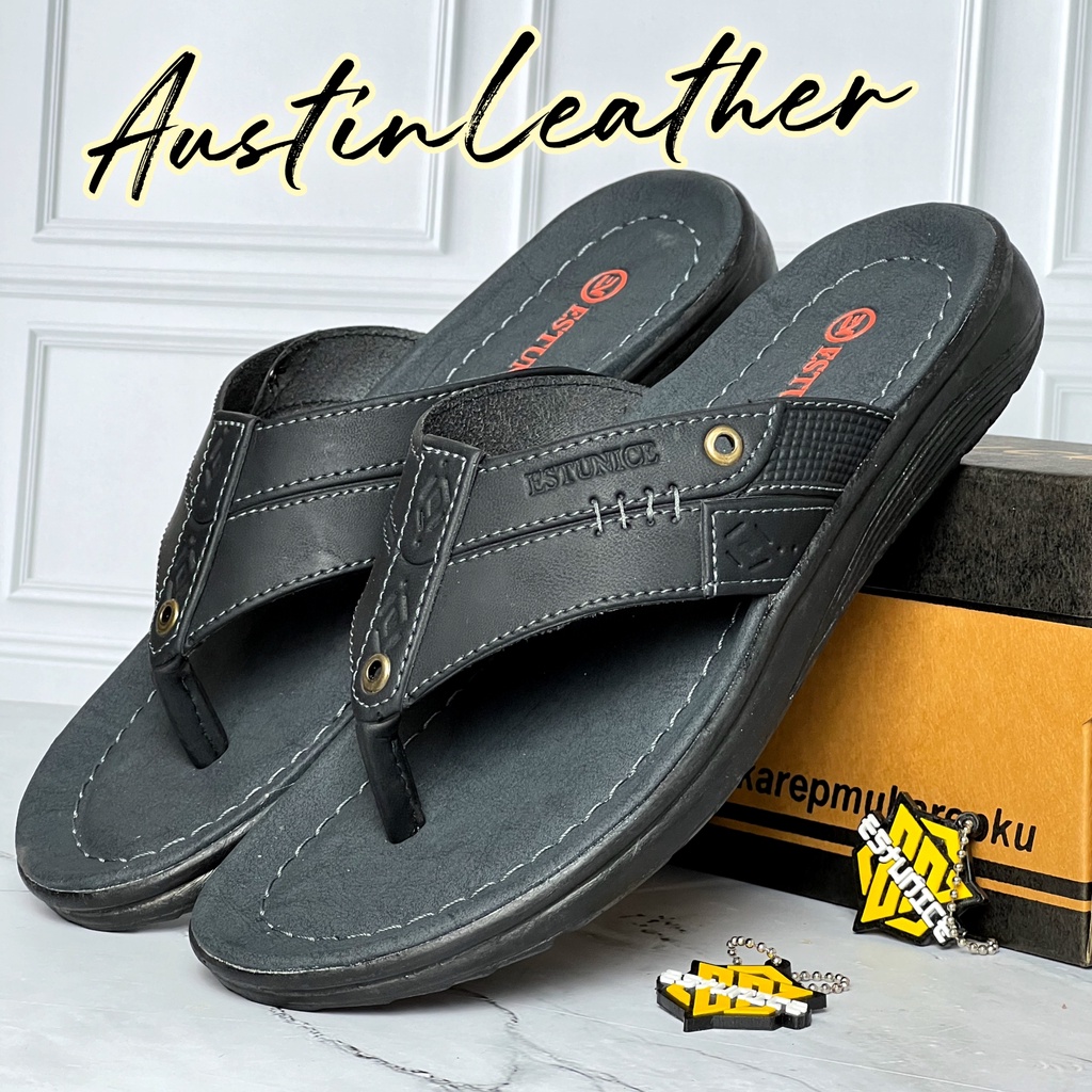 Estunice Sandal Pria Kulit Sendal Jepit Pria - Hylos Jepit Hitam