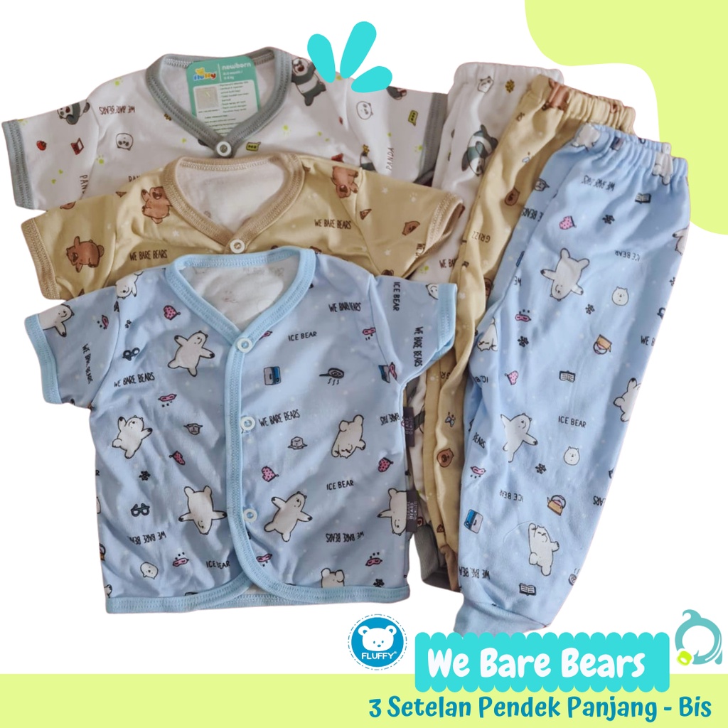 FLUFFY We Are Bare Bear / Bis 3 Setelan Panjang Pendek  ( 3 Baju 3 Celana) Baju Bayi Baru Lahir / Newborn