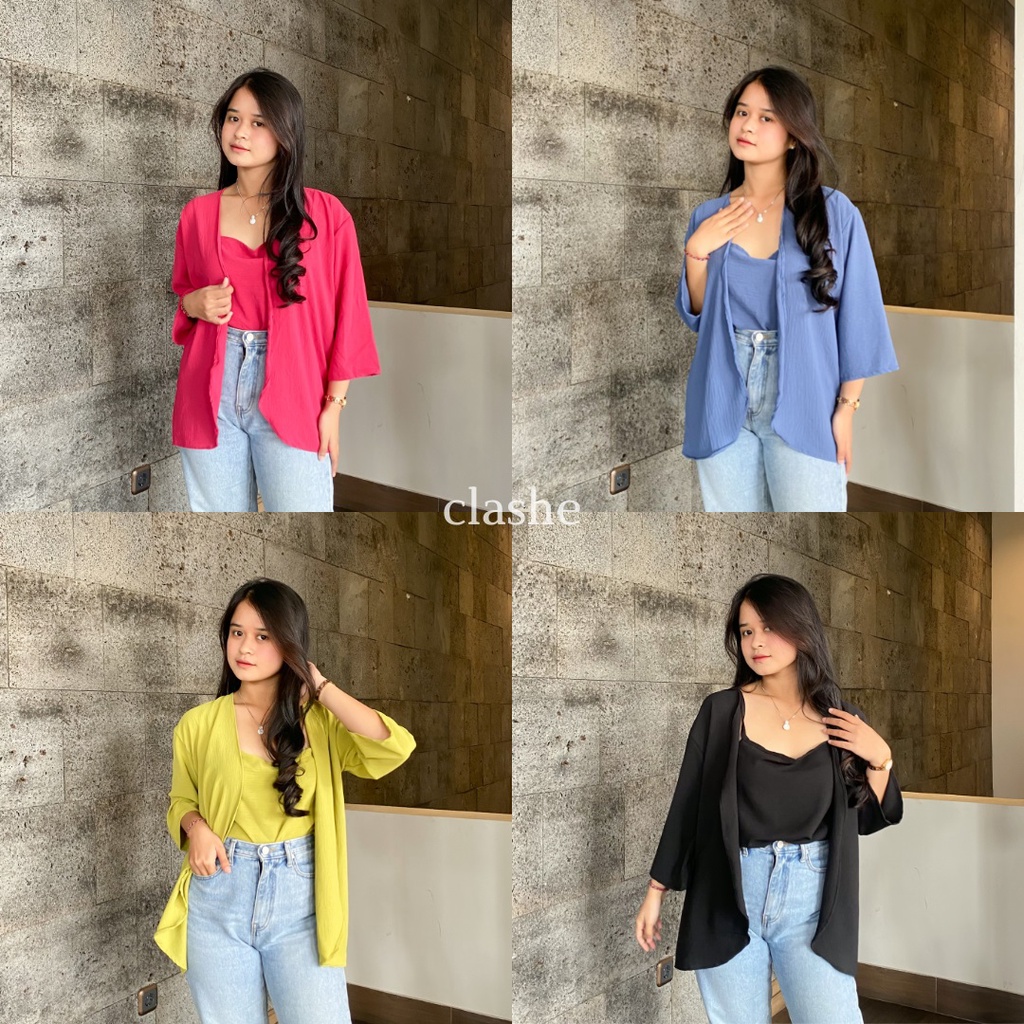 One Set Setelan Cardigan Lengan Panjang Dan Tanktop Wanita Kekinian Korean Style Ootd Terbaru Crinkle Airflow Anti Lecek Maia Top by Clashe