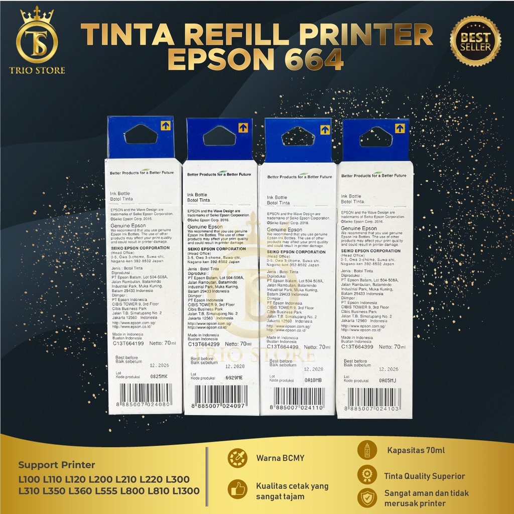 Tinta Epson 664 For Printer L100 L110 L111 L120 L130 L132 L200 L210 L220 L222 L300 L310 L350 L351 L360 L810 L850 L1300 L1800