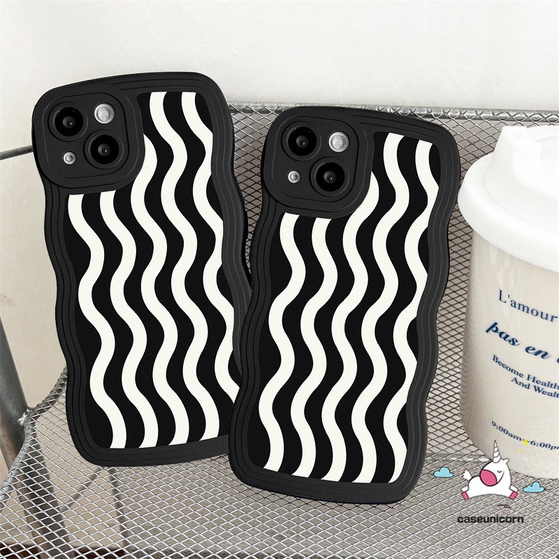 IPHONE Kompatibel Untuk Iphone11 12 14 13 Pro Max 6 6s 8 7 Plus XR X XS Max 14Plus SE 2020fashion Hitam Putih Motif Gelombang Air Black Wavy Edge Soft TPU Phone Case