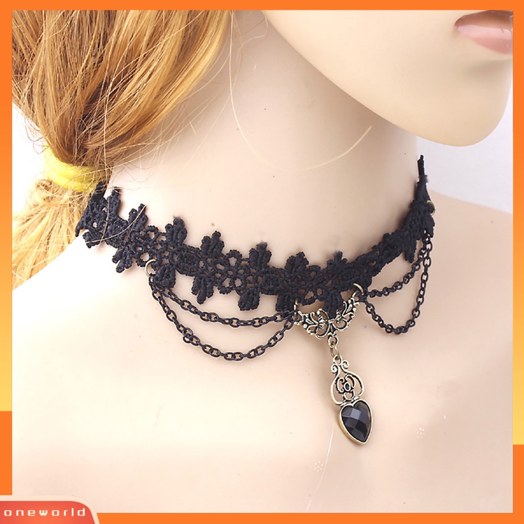 {oneworld} Kalung Colorfast Lace Edge Alloy Kalung Rantai Renda Hitam Untuk Pernikahan