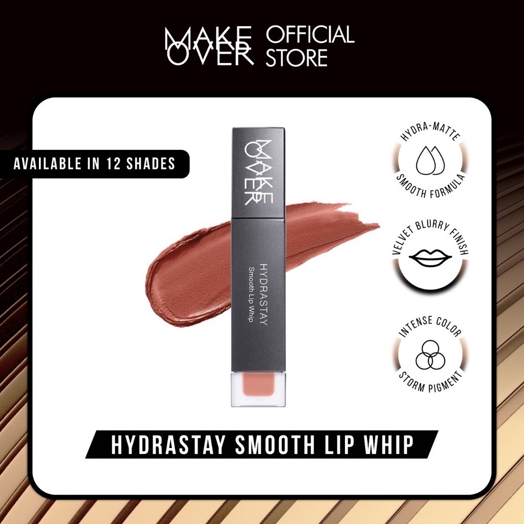 MAKE OVER Hydrastay Smooth Lip Whip Indonesia / Lip Cream 6.5g / Hydra Matte Velvet Blurry Finish Intense Color Storm Pigment / Hydra Smooth Finish / Makeup Cosmetic Lips Make Up Kosmetik Wajah Bibir Lipstick Lipstik Gincu / Makeover Hydra Stay Series