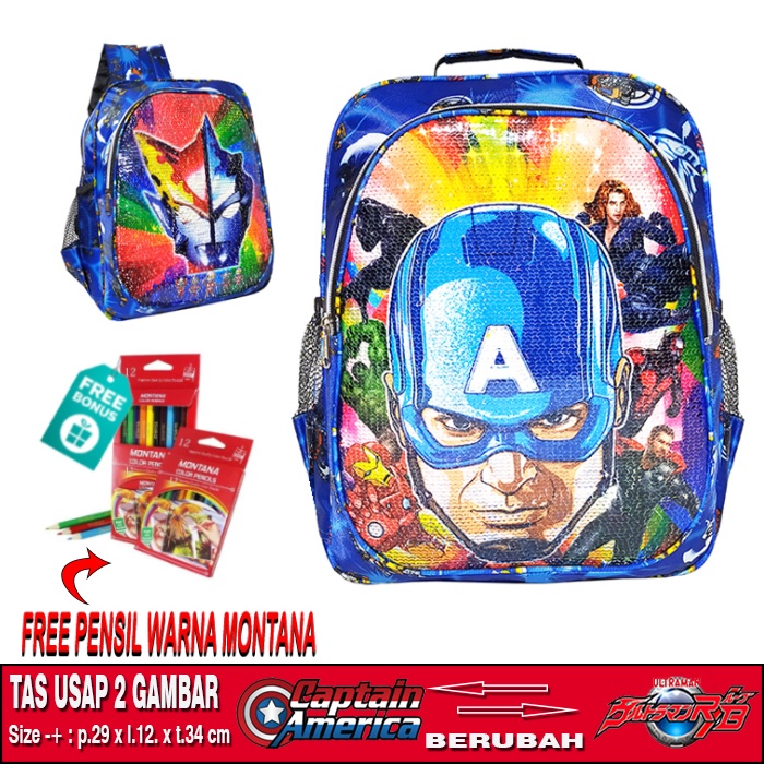 TAS RANSEL USAP 2 GAMBAR KARAKTER CAPTAIN AMERICA - ULTRAMAN ANAK SEKOLAH TK / SD TAS SEQUIN