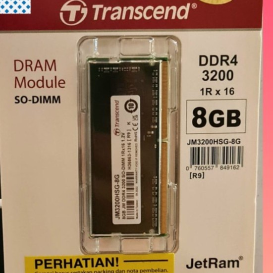 Transcend Jetram DDR4-3200 Mhz / PC4-25600 - 8GB Sodimm For Laptop