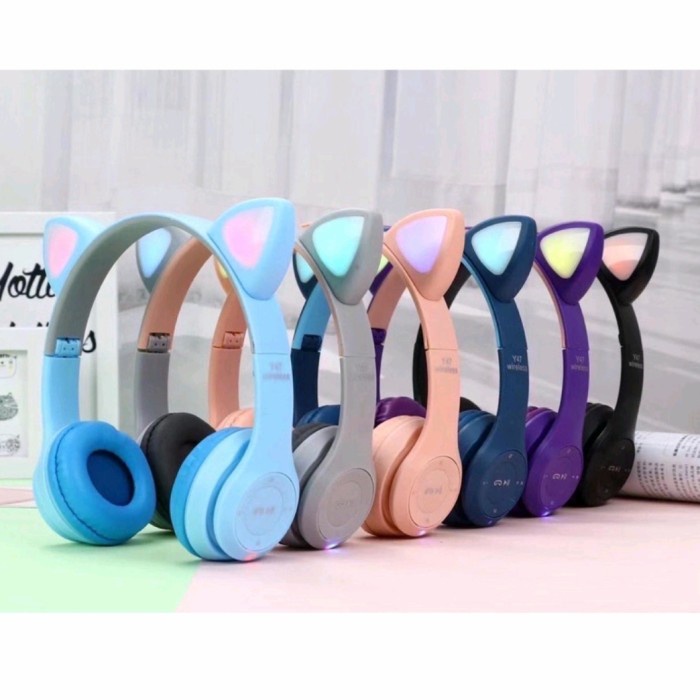 headset bluetooth Headset Kucing Bluetooth LED Bass /Headphone/earphone Anak Pink - Biru(E5Z1) heads