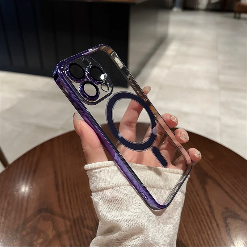 Kamera Mewah Lensa Pelindung Untuk iphone 14 pro max case Ungu Bening case iphone 13 12 pro max Tertutup Penuh Magnetik soft case Nirkabel Pengisian shockproof Pelindung Ponsel case