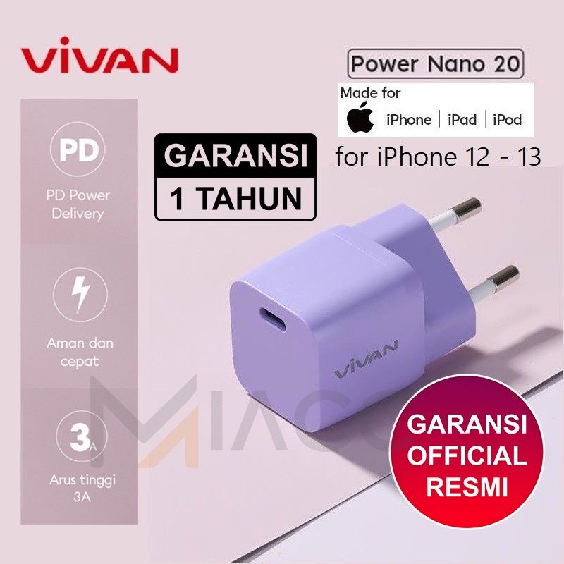 Charger VIVAN POWER NANO 20 USB-C ADAPTER 20WATT KEPALA CHARGER IPHONE 12 13 14 SAMSUNG S10 20 21 22 NOTE 10 10+ 20 20+ 21