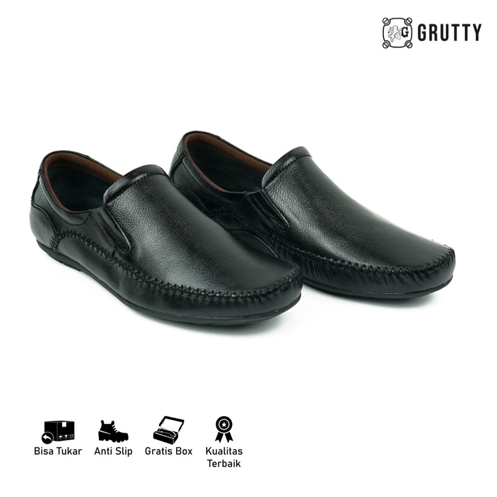 Sepatu Pria Kasual Slip On Kulit Coklat Hitam Grutty JN8810 Lentur dan tidak licin