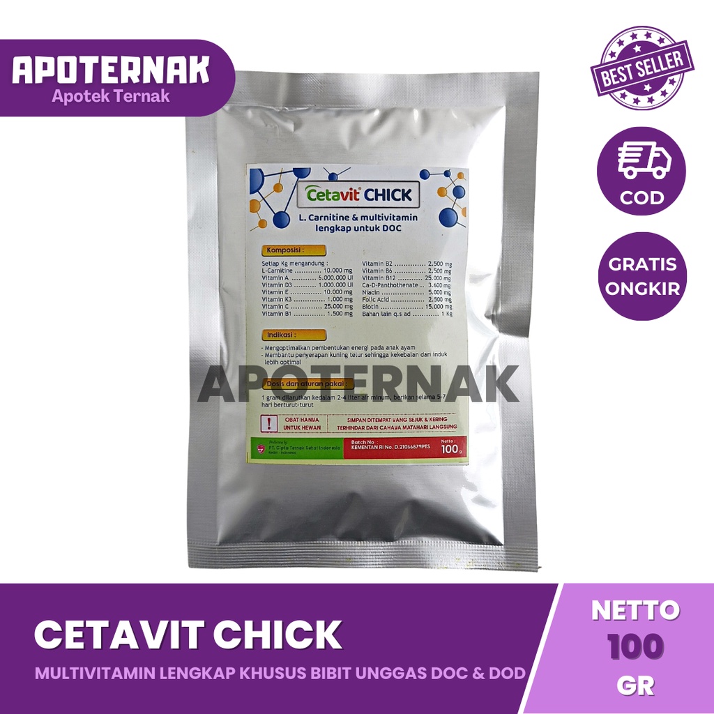 CETAVIT CHICK | Multivitamin Lengkap Khusus Bibit Unggas Ayam DOC &amp; Bebek DOD | 100 gr