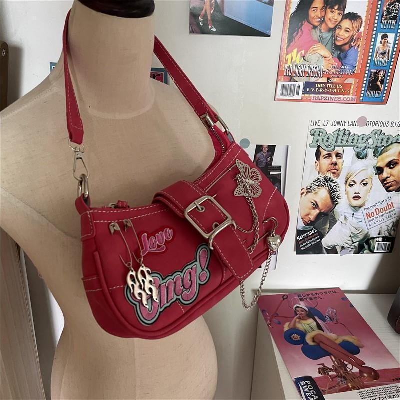 ♕Sunshine Want Original Y2K One-Shoulder Niche Design Rasa Retro Milenium Manis Keren Hot Gadis Tas Merah Muda Ketiak Tas Wanita