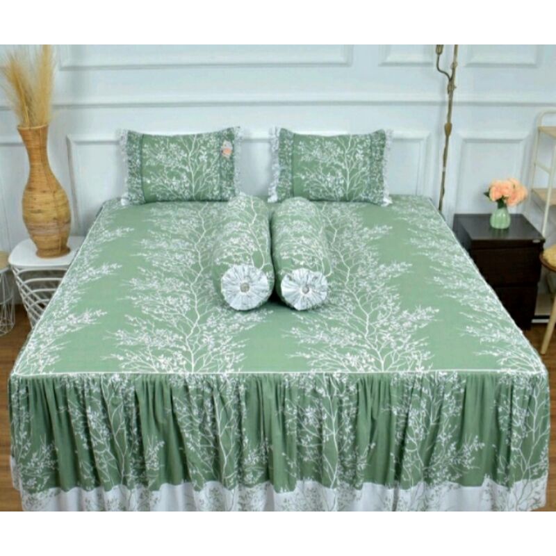 Sprei Rumbai Pengantin Katun Lokal Motif Jeju Memory Sage by Katun Star