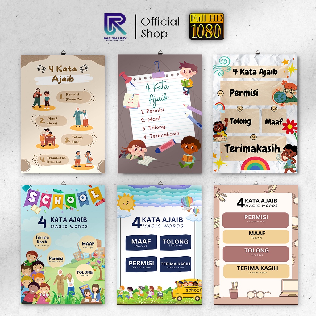 Jual Hiasan Dinding Sekolah 4 Kata Ajaib Permisi Tolong Maaf Pajangan