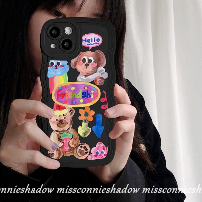 IPHONE Couple Case Kompatibel Untuk Iphone6 6s 8 7 Plus 11 14 13 12 Pro Max XR 14Plus X XS Max SE 2020 Kartun Grafiti Anjing Lucu Populer Gadis Lucu Stiker Lembut Bergelombang Tepi Case