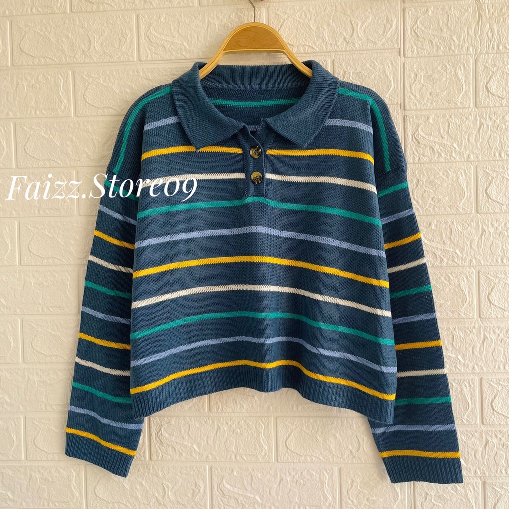 CORINAI SWEATER RAJUT POLO KANCING KOREA MOTIF BLASTER