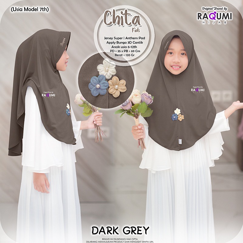 Chita Kids Berlabel ORI Raqumi Hijab Bahan Jersey Super Tebal dan Adem Aplikasi bunga 3D cantik [ana