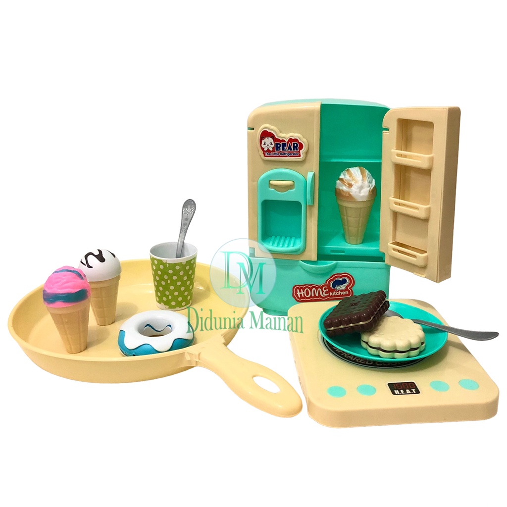 Mainan masak masakan anak perempuan kitchen set panci teflon kompor kulkas mini refrigerator dessert